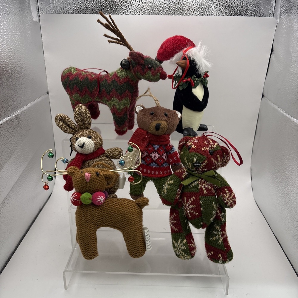Lot Of 6~Plush Animal Christmas Ornaments~Teddy Bears/Deer/Penguins